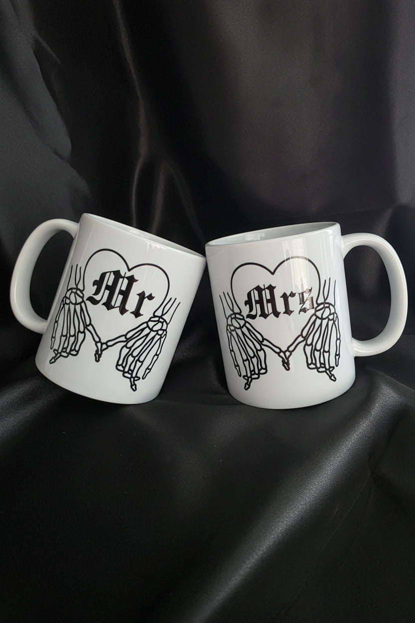 Mr & Mrs Skeleton Hand Heart Mugs - Gothic Wedding or Anniversary Gift Set